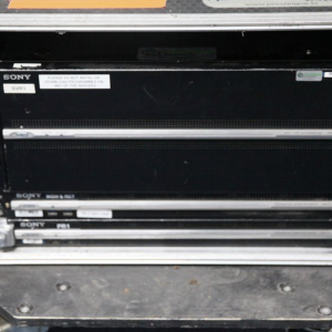 A used Sony PWS-4500 Multi Port AV Storage Unit Complete Kit in a black portable metal case, shown open on a blue carpet—perfect for reliable preowned broadcast equipment needs.